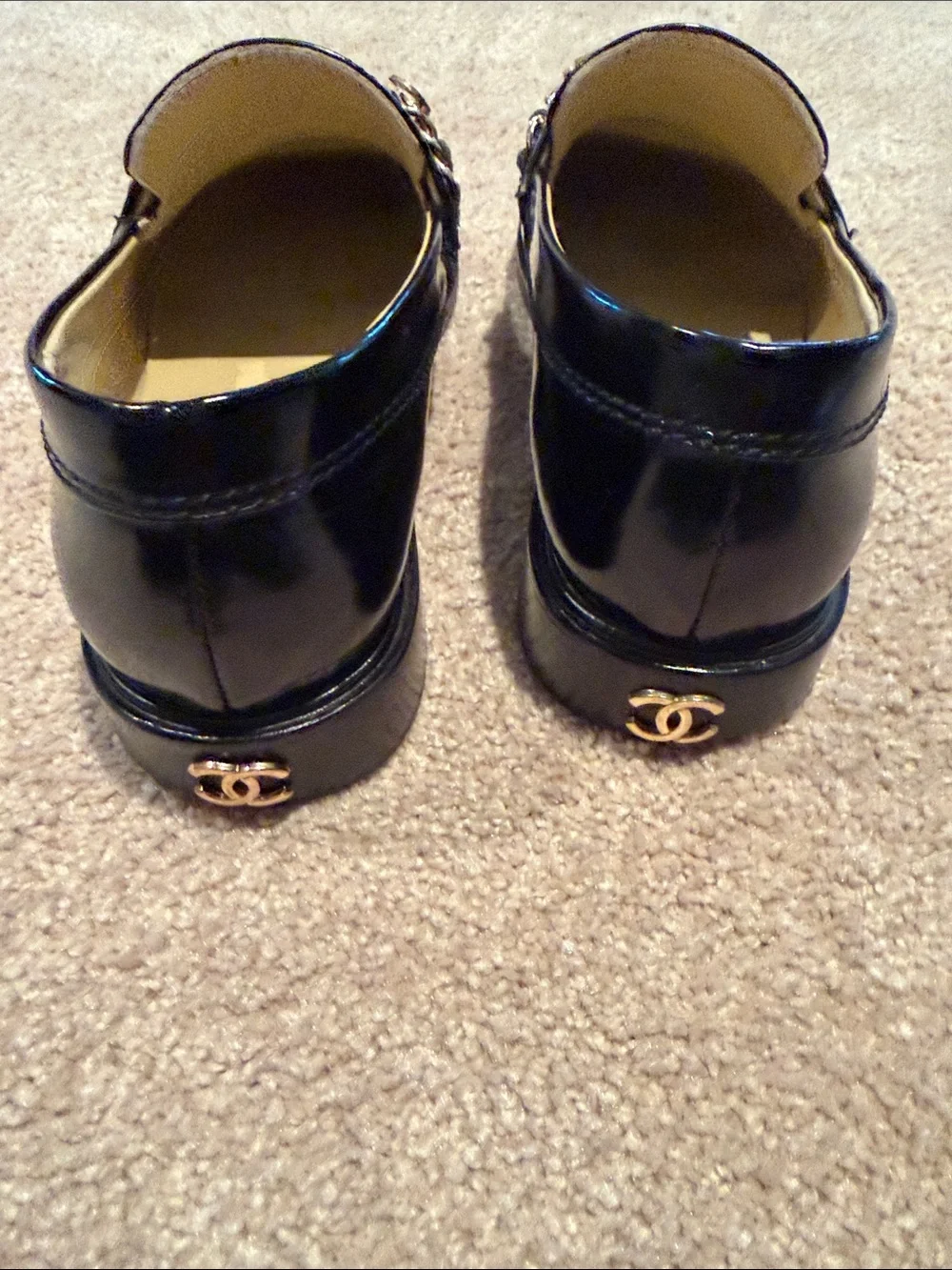 CHANEL Black Leather Logo Chain Loafers